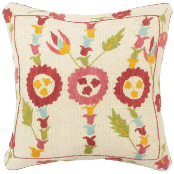 handmade  Pillow Beige Blue Hand-Woven SQUARE 100% Wool Suzani Throw Pillow